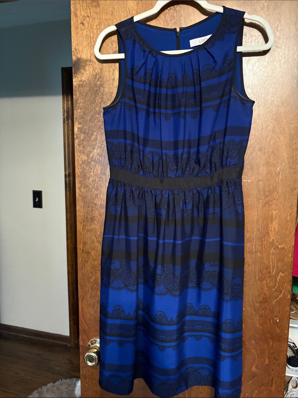 LOFT Royal Blue and Black Striped Lace-Trim Midi Dress
